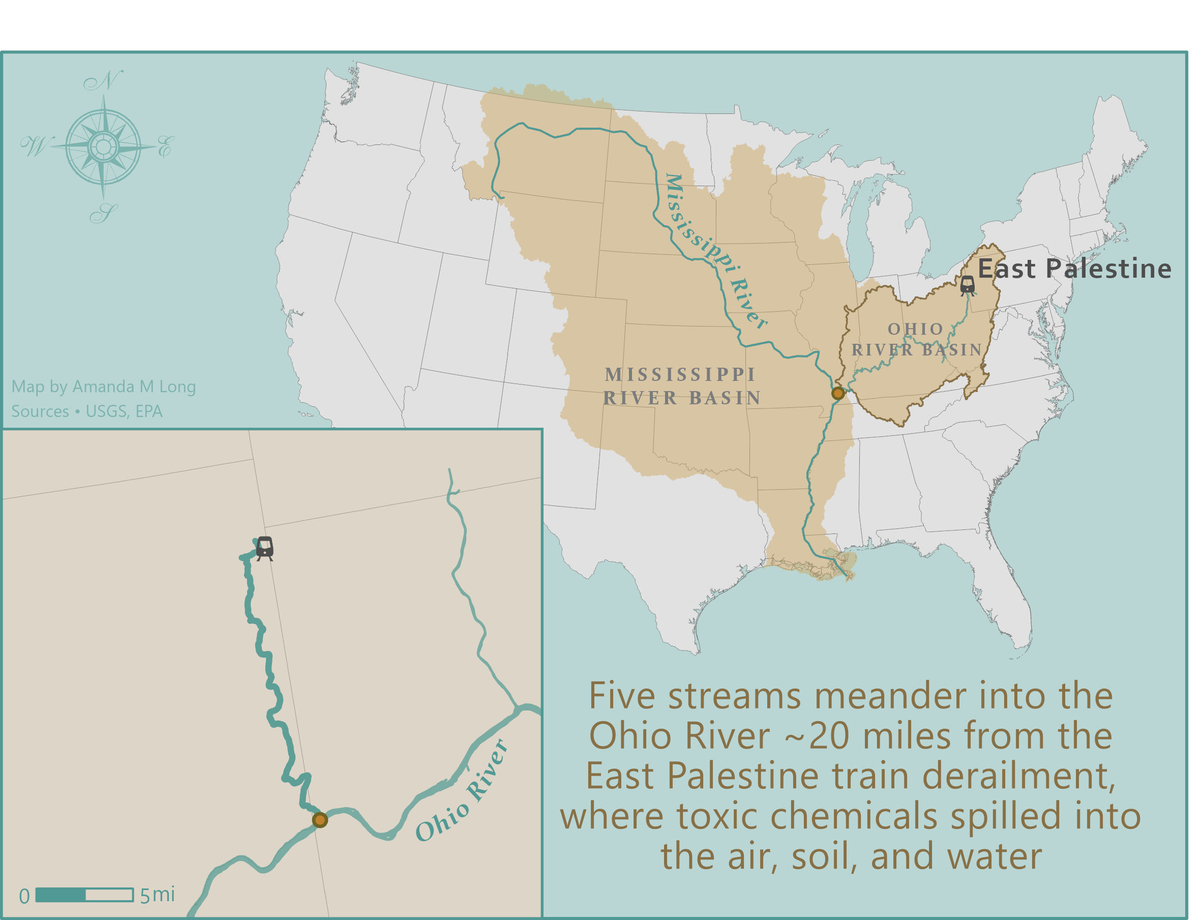 Map of streams flowing
                                    into Ohio River from East Palestine train derailment that spilled toxic chemicals into the environment.